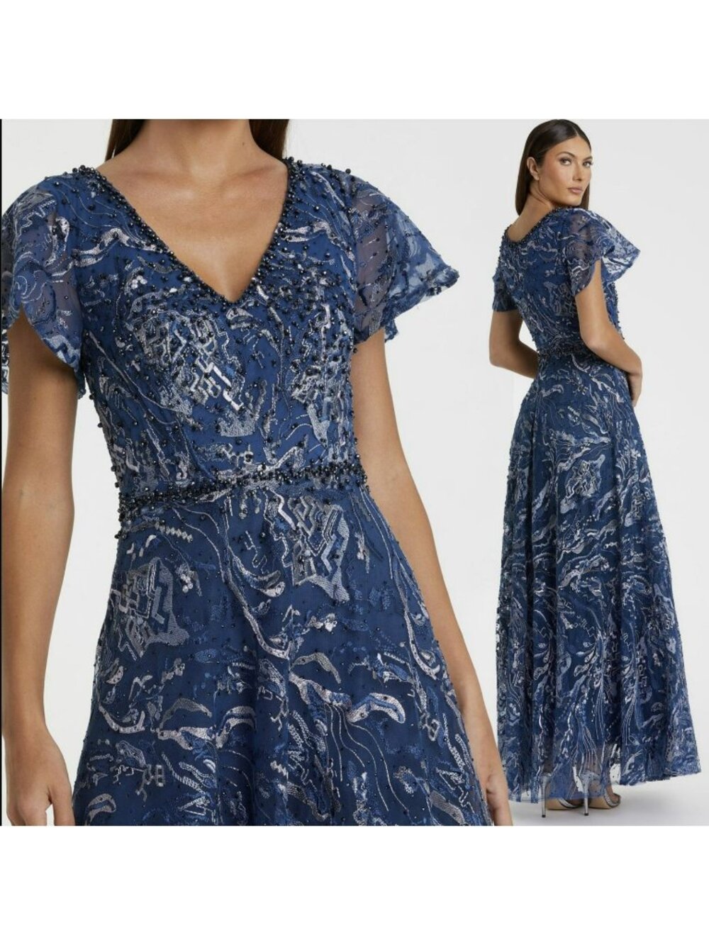 Mac Duggal $798 Embellished Illusion Blue A-Line Maxi Dress Gown 8 NWT